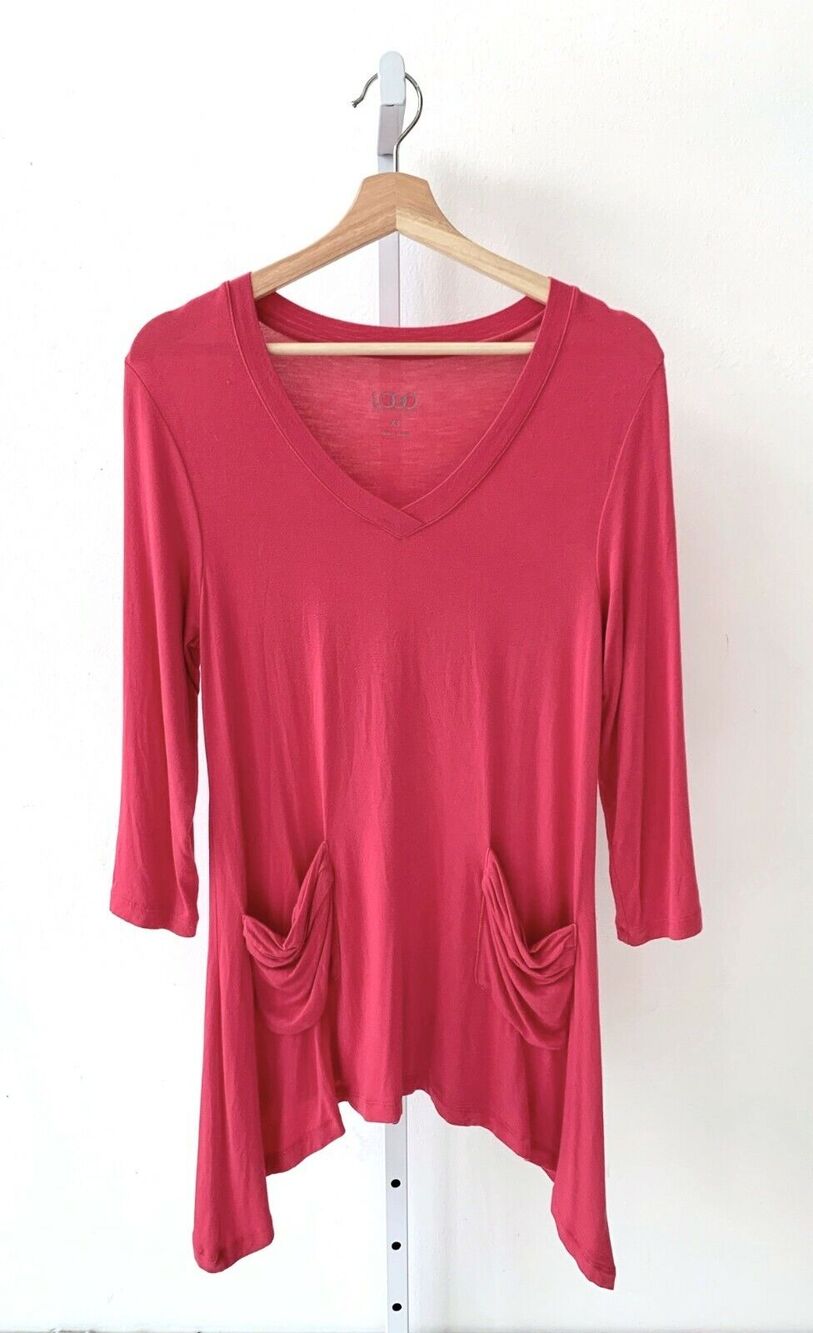 LOGO Lori Goldstein XS V Neck 3/4 Sleeve Knit Tee Top Tunic Slouchy Pockets Pink
